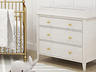 Prepare for the changes ahead with Little Seeds Monarch Hill Poppy 3-drawer changing table. Remove the changing table top to convert it to a dresser, and you can also customize the look to suit your taste—or your little one’s—with one of the two included sets of pulls. Sporting an off-white finish and an updated design, this versatile piece provides plenty of storage to keep your child’s room neat and organized. This changing table makes a lasting impression at every age and every stage.Includes 3-drawer dresser and changing table top | Made of engineered wood/laminated particle board | Non-toxic, off-white woodgrain finish | 3 smooth-gliding drawers with metal slides | Changing table topper fits most standard sized changing pads (sold separately) | 2 sets of metal pulls (goldtone and silvertone) for a customized look | Anti-tip kit included for extra protection | Assembly required | Ships in 2 boxes