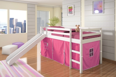 Kids Twin Low Loft Tent Bed with Slide, Pink, rollover