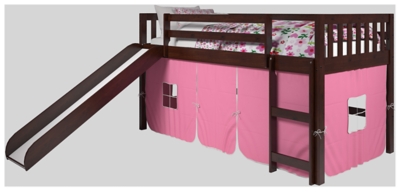 Kids Twin Low Loft Tent Bed with Slide, Pink, large