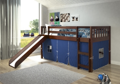 Kids Twin Low Loft Tent Bed with Slide, Blue, rollover
