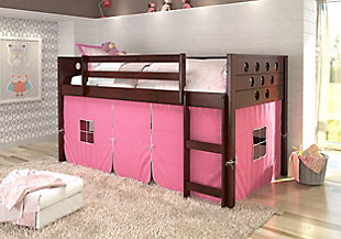 Kids Twin Low Loft Bed with Tent, Pink, rollover