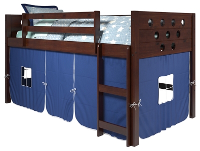 Kids Twin Low Loft Bed with Tent, Blue, grid