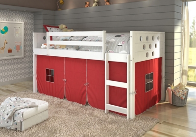 Kids Twin Low Loft Bed with Tent, Red, rollover