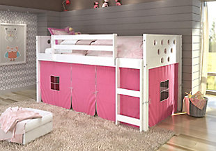Kids Twin Low Loft Bed with Tent, Pink, rollover