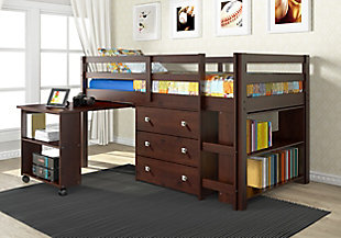 Create the bedroom of their dreams with this twin bookcase bed with desk. Quality crafted with pine wood for sturdy construction made for years of enjoyment, this bookcase bed and desk offers space-saving convenience. With three-drawer storage plus bookshelf space and a rollout desk set on casters, it’s quite the big deal for small-space living.Made of pine wood and engineered wood | Brown finish | 3-drawer chest | End-of-bed bookshelf | Rollout desk set on casters (with book shelf) | Mattress ready slat system | Built-in ladder and guard rail | Lacquer finish for easy cleaning | Assembly required