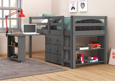 Kids Twin Low Loft Study Set, Antique Gray, rollover