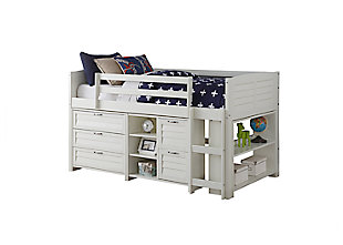 Kids Louvered Twin Low Loft Bed with 3 Drawer Chest, 2 Drawer Chest and Bookcase., White, large