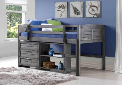 Kids Louvered Twin Low Loft Bed with 3 Drawer Chest and Small Bookcase., Antique Gray/Silver, rollover