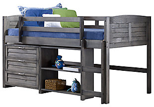 Create the bedroom of their dreams with this louvered bookcase bed. Quality crafted with pine wood for sturdy construction made for years of enjoyment, this bookcase bed offers space-saving convenience. With three storage drawers plus plenty of bookshelf space, it’s quite the big deal for -space living.Made of pine wood and engineered wood | Gray finish | 3-drawer chest | Bookshelf | Mattress ready slat system | Built-in ladder and guard rail | Lacquer finish for easy cleaning | Assembly required