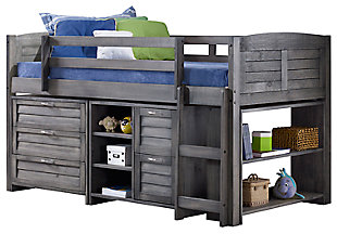 Kids Louvered Twin Low Loft Bed with 3 Drawer Chest, 2 Drawer Chest and Bookcase., , large