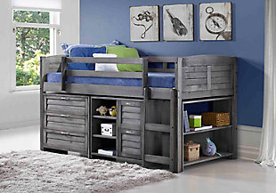 Kids Louvered Twin Low Loft Bed with 3 Drawer Chest, 2 Drawer Chest and Bookcase., , rollover