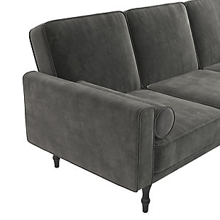 This small space sectional futon is the perfect combination of chic style and functionality. Upholstered in soft velvet with bolster pillows and black tapered legs that enhance the aesthetic of this modern sectional futon. Designed with a sturdy wood frame, this sectional has an interchangeable chaise that can be placed on either side to accommodate the layout of your home. Its multi-positional split-back design allows you to independently recline the backrest between three positions: sitting, lounging and sleeping. No matter the occasion, this futon is the perfect addition to host family and friends for a movie night or accommodate unexpected overnight guests.Sturdy wood frame | Gray velvet upholstery | Foam cushions | Chaise can be placed on either side | 2 bolster pillows | Ships in two boxes | Assembly required