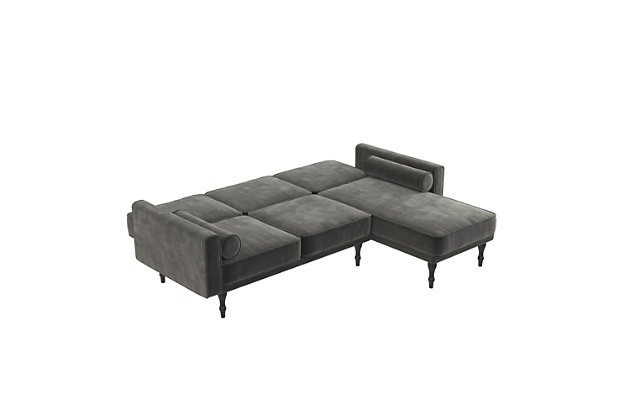 This small space sectional futon is the perfect combination of chic style and functionality. Upholstered in soft velvet with bolster pillows and black tapered legs that enhance the aesthetic of this modern sectional futon. Designed with a sturdy wood frame, this sectional has an interchangeable chaise that can be placed on either side to accommodate the layout of your home. Its multi-positional split-back design allows you to independently recline the backrest between three positions: sitting, lounging and sleeping. No matter the occasion, this futon is the perfect addition to host family and friends for a movie night or accommodate unexpected overnight guests.Sturdy wood frame | Gray velvet upholstery | Foam cushions | Chaise can be placed on either side | 2 bolster pillows | Ships in two boxes | Assembly required