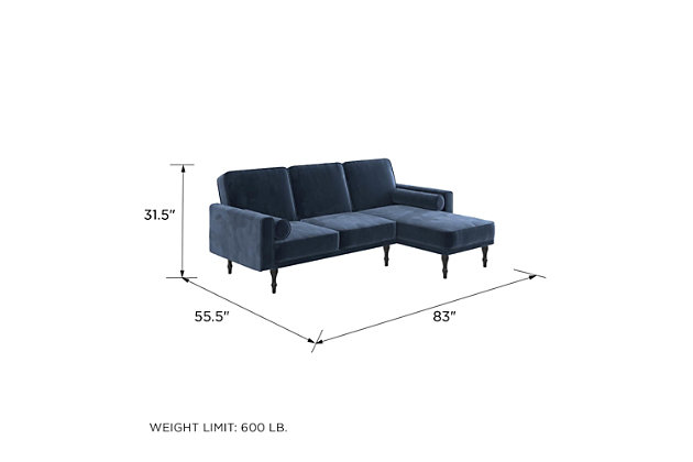 This small space sectional futon is the perfect combination of chic style and functionality. Upholstered in soft velvet with bolster pillows and black tapered legs that enhance the aesthetic of this modern sectional futon. Designed with a sturdy wood frame, this sectional has an interchangeable chaise that can be placed on either side to accommodate the layout of your home. Its multi-positional split-back design allows you to independently recline the backrest between three positions: sitting, lounging and sleeping. No matter the occasion, this futon is the perfect addition to host family and friends for a movie night or accommodate unexpected overnight guests.Sturdy wood frame | Blue velvet upholstery | Foam cushions | Chaise can be placed on either side | 2 bolster pillows | Ships in two boxes | Assembly required