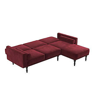 This small space sectional futon is the perfect combination of chic style and functionality. Upholstered in soft velvet with bolster pillows and black tapered legs that enhance the aesthetic of this modern sectional futon. Designed with a sturdy wood frame, this sectional has an interchangeable chaise that can be placed on either side to accommodate the layout of your home. Its multi-positional split-back design allows you to independently recline the backrest between three positions: sitting, lounging and sleeping. No matter the occasion, this futon is the perfect addition to host family and friends for a movie night or accommodate unexpected overnight guests.Sturdy wood frame | Burgundy velvet upholstery | Foam cushions | Chaise can be placed on either side | 2 bolster pillows | Ships in two boxes | Assembly required