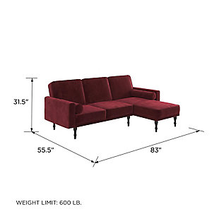 This small space sectional futon is the perfect combination of chic style and functionality. Upholstered in soft velvet with bolster pillows and black tapered legs that enhance the aesthetic of this modern sectional futon. Designed with a sturdy wood frame, this sectional has an interchangeable chaise that can be placed on either side to accommodate the layout of your home. Its multi-positional split-back design allows you to independently recline the backrest between three positions: sitting, lounging and sleeping. No matter the occasion, this futon is the perfect addition to host family and friends for a movie night or accommodate unexpected overnight guests.Sturdy wood frame | Burgundy velvet upholstery | Foam cushions | Chaise can be placed on either side | 2 bolster pillows | Ships in two boxes | Assembly required