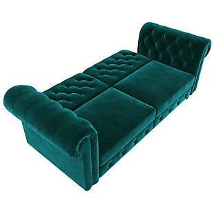 Luxuriously designed with diamond button-tufted detailing, plush roll arms and turned wood feet, this Chesterfield-inspired futon is an elegant solution in small space living. Designed with a split backrest that lets you simply push/pull your futon to instantly convert it into a lounger or bed. The sturdy wood frame and pocket coils provide your overnight guests with a comfortable and spacious bed.Sturdy wood frame | Green velvet upholstery | Foam cushions | Holds up to 600 pounds | Ships in 2 boxes | Assembly required