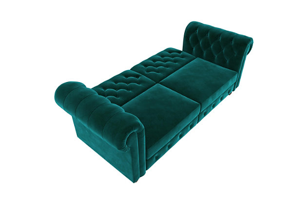 Luxuriously designed with diamond button-tufted detailing, plush roll arms and turned wood feet, this Chesterfield-inspired futon is an elegant solution in small space living. Designed with a split backrest that lets you simply push/pull your futon to instantly convert it into a lounger or bed. The sturdy wood frame and pocket coils provide your overnight guests with a comfortable and spacious bed.Sturdy wood frame | Green velvet upholstery | Foam cushions | Holds up to 600 pounds | Ships in 2 boxes | Assembly required