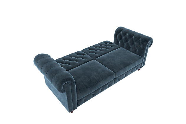 Luxuriously designed with diamond button-tufted detailing, plush roll arms and turned wood feet, this Chesterfield-inspired futon is an elegant solution in small space living. Designed with a split backrest that lets you simply push/pull your futon to instantly convert it into a lounger or bed. The sturdy wood frame and pocket coils provide your overnight guests with a comfortable and spacious bed.Sturdy wood frame | Blue velvet upholstery | Foam cushions | Holds up to 600 pounds | Ships in 2 boxes | Assembly required