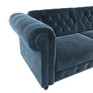 Luxuriously designed with diamond button-tufted detailing, plush roll arms and turned wood feet, this Chesterfield-inspired futon is an elegant solution in small space living. Designed with a split backrest that lets you simply push/pull your futon to instantly convert it into a lounger or bed. The sturdy wood frame and pocket coils provide your overnight guests with a comfortable and spacious bed.Sturdy wood frame | Blue velvet upholstery | Foam cushions | Holds up to 600 pounds | Ships in 2 boxes | Assembly required