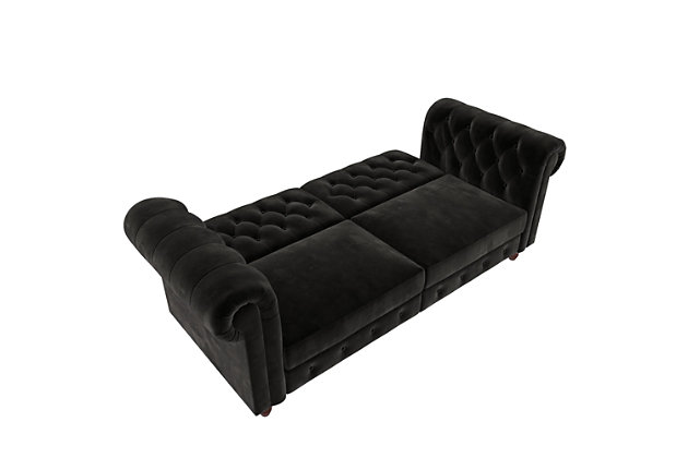 Luxuriously designed with diamond button-tufted detailing, plush roll arms and turned wood feet, this Chesterfield-inspired futon is an elegant solution in small space living. Designed with a split backrest that lets you simply push/pull your futon to instantly convert it into a lounger or bed. The sturdy wood frame and pocket coils provide your overnight guests with a comfortable and spacious bed.Sturdy wood frame | Black velvet upholstery | Foam cushions | Holds up to 600 pounds | Ships in 2 boxes | Assembly required