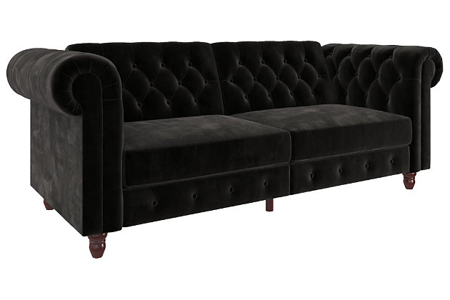 Luxuriously designed with diamond button-tufted detailing, plush roll arms and turned wood feet, this Chesterfield-inspired futon is an elegant solution in small space living. Designed with a split backrest that lets you simply push/pull your futon to instantly convert it into a lounger or bed. The sturdy wood frame and pocket coils provide your overnight guests with a comfortable and spacious bed.Sturdy wood frame | Black velvet upholstery | Foam cushions | Holds up to 600 pounds | Ships in 2 boxes | Assembly required