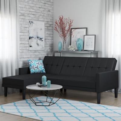 Atwater Living Henri Small Space Sectional Futon Black Faux Leather, Black, large