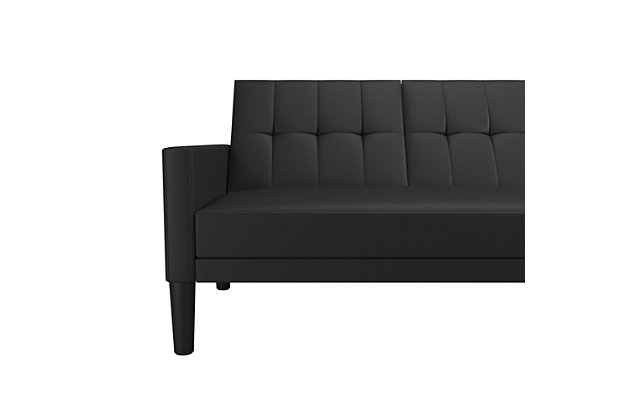 Ideal for family and friends, this sectional futon features a simple yet elegant design with square-tufted backrest and slim track arms. Enjoy the freedom of choosing which side you want to place your chaise. Its multi-positional back allows for three distinct positions: sofa, lounger or sleeper— making it perfect for accommodating overnight guests. Benefit from extra storage space directly from your chaise compartment for containing your clutter or organizing extra pillows and blankets. Sturdy wood frame | Black faux leather upholstery | Foam cushions | Holds up to 600 pounds | Storage compartment | Ships in 2 boxes | Assembly required