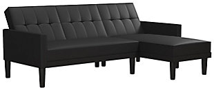 Ideal for family and friends, this sectional futon features a simple yet elegant design with square-tufted backrest and slim track arms. Enjoy the freedom of choosing which side you want to place your chaise. Its multi-positional back allows for three distinct positions: sofa, lounger or sleeper— making it perfect for accommodating overnight guests. Benefit from extra storage space directly from your chaise compartment for containing your clutter or organizing extra pillows and blankets. Sturdy wood frame | Black faux leather upholstery | Foam cushions | Holds up to 600 pounds | Storage compartment | Ships in 2 boxes | Assembly required