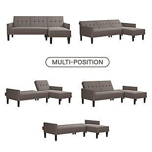 Ideal for family and friends, this sectional futon features a simple yet elegant design with square-tufted backrest and slim track arms. Enjoy the freedom of choosing which side you want to place your chaise. Its multi-positional back allows for three distinct positions: sofa, lounger or sleeper— making it perfect for accommodating overnight guests. Benefit from extra storage space directly from your chaise compartment for containing your clutter or organizing extra pillows and blankets.Sturdy wood frame | Gray linen upholstery | Foam cushions | Holds up to 600 pounds | Storage compartment | Ships in 2 boxes | Assembly required