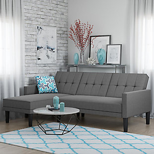 Ideal for family and friends, this sectional futon features a simple yet elegant design with square-tufted backrest and slim track arms. Enjoy the freedom of choosing which side you want to place your chaise. Its multi-positional back allows for three distinct positions: sofa, lounger or sleeper— making it perfect for accommodating overnight guests. Benefit from extra storage space directly from your chaise compartment for containing your clutter or organizing extra pillows and blankets.Sturdy wood frame | Gray linen upholstery | Foam cushions | Holds up to 600 pounds | Storage compartment | Ships in 2 boxes | Assembly required