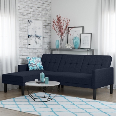 Atwater Living Henri Small Space Sectional Futon Blue Linen, Blue, rollover