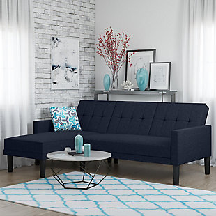 Atwater Living Henri Small Space Sectional Futon Blue Linen, Blue, rollover