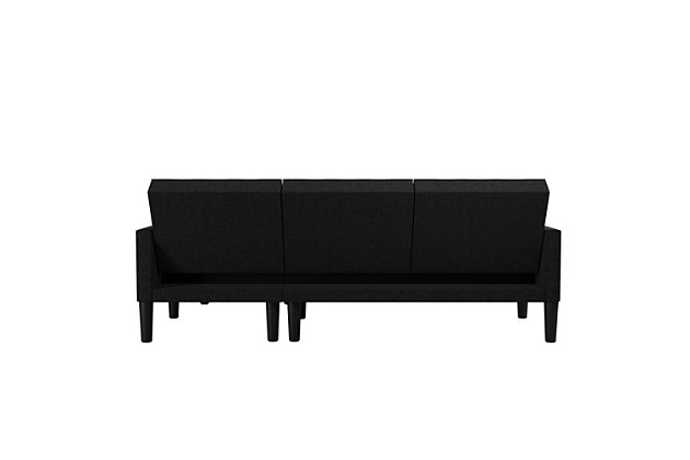 Ideal for family and friends, this sectional futon features a simple yet elegant design with square-tufted backrest and slim track arms. Enjoy the freedom of choosing which side you want to place your chaise. Its multi-positional back allows for three distinct positions: sofa, lounger or sleeper— making it perfect for accommodating overnight guests. Benefit from extra storage space directly from your chaise compartment for containing your clutter or organizing extra pillows and blankets.Sturdy wood frame | Dark gray linen upholstery | Foam cushions | Holds up to 600 pounds | Storage compartment | Ships in 2 boxes | Assembly required
