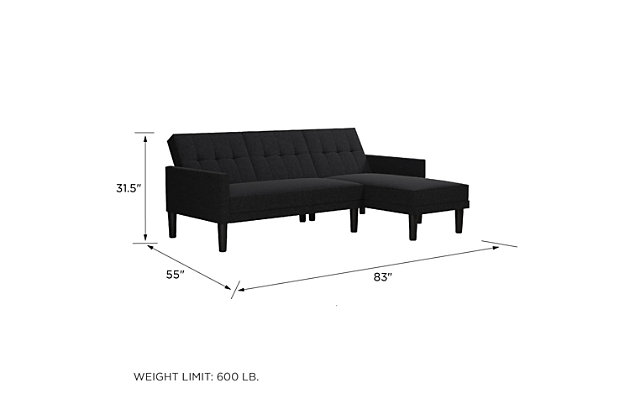 Ideal for family and friends, this sectional futon features a simple yet elegant design with square-tufted backrest and slim track arms. Enjoy the freedom of choosing which side you want to place your chaise. Its multi-positional back allows for three distinct positions: sofa, lounger or sleeper— making it perfect for accommodating overnight guests. Benefit from extra storage space directly from your chaise compartment for containing your clutter or organizing extra pillows and blankets.Sturdy wood frame | Dark gray linen upholstery | Foam cushions | Holds up to 600 pounds | Storage compartment | Ships in 2 boxes | Assembly required