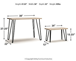 Whether for work or play, the sturdy and stylish Blariden desk with bench provides the perfect place to get it done. Mid-century modern hairpin legs and a durable melamine surface are a kid-friendly, small-space solution.Made of metal, melamine and engineered wood | Metal legs with black finish | Melamine tabletop with natural wood tone | Assembly required | Estimated Assembly Time: 30 Minutes