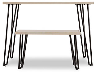 Whether for work or play, the sturdy and stylish Blariden desk with bench provides the perfect place to get it done. Mid-century modern hairpin legs and a durable melamine surface are a kid-friendly, small-space solution.Made of metal, melamine and engineered wood | Metal legs with black finish | Melamine tabletop with natural wood tone | Assembly required | Estimated Assembly Time: 30 Minutes