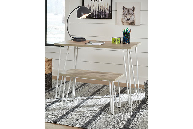 Whether for work or play, the sturdy and stylish Blariden desk with bench provides the perfect place to get it done. Mid-century modern hairpin legs and a durable melamine surface are a kid-friendly, small-space solution.Made of metal, melamine and engineered wood | Metal legs with white finish | Melamine tabletop with natural wood tone | Assembly required | Estimated Assembly Time: 30 Minutes