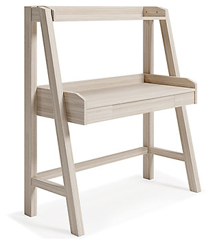 Whether for work or play, the sturdy and stylish Blariden ladder desk provides the perfect place to get it done. Unique step-back design pairs plenty of space for storage or studying with a compact footprint for a versatile, small-space solution.Made of wood | Natural wood tone finish | Flush front smooth-gliding drawer | Hutch with enclosed ledge shelf | Assembly required | Estimated Assembly Time: 30 Minutes