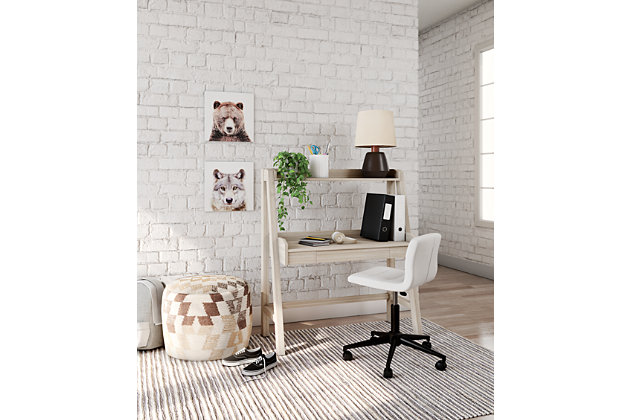 Whether for work or play, the sturdy and stylish Blariden ladder desk provides the perfect place to get it done. Unique step-back design pairs plenty of space for storage or studying with a compact footprint for a versatile, small-space solution.Made of wood | Natural wood tone finish | Flush front smooth-gliding drawer | Hutch with enclosed ledge shelf | Assembly required | Estimated Assembly Time: 30 Minutes