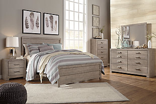 Culverbach Queen Panel Bed with Mirrored Dresser and Chest, Gray, rollover