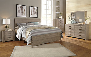 Culverbach King Panel Bed with Mirrored Dresser and Chest, Gray, rollover