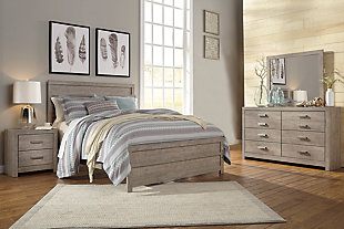 Culverbach Queen Panel Bed with Mirrored Dresser, Gray, rollover