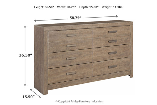 The Culverbach dresser's weathered driftwood finish evokes such an ethereal vibe—exactly what you need for your serene master suite. Clean lines and simple yet substantial hardware make for a timeless look you’ll love living with for years to come. Six spacious drawers offer ample storage for a wardrobe and spare bed linens.Dresser only | Made of engineered wood (MDF/particleboard) and decorative laminate | Warm vintage gray with subtle pearl effect over replicated cherry grain | Pewter-tone hardware | 6 smooth-gliding drawers with replicated linen lining | Includes tip over restraint device | Safety is a top priority, clothing storage units are designed to meet the most current standard for stability, ASTM F 2057 (ASTM International) | Drawers extend out to accommodate maximum access to drawer interior while maintaining safety