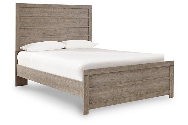 The Culverbach full panel bed’s weathered driftwood finish evokes such an ethereal vibe—exactly what you need for a serene bedroom suite. Chunky moulding creates a plank-like effect while clean lines make for a timeless look you’ll love living with for years to come. Mattress and foundation/box spring available, sold separately.Includes headboard, footboard and rails | Made of engineered wood and decorative laminate in vintage warm gray with subtle pearl effect over replicated cherry grain | Foundation/box spring required | Mattress available, sold separately | Assembly required | Estimated Assembly Time: 5 Minutes
