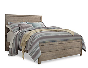 The Culverbach bedroom package’s weathered driftwood finish evokes such an ethereal vibe—exactly what you need for a serene bedroom suite. Chunky moulding on the bed creates a plank-like effect, while clean lines on all pieces in this set make for a timeless look you’ll love living with for years to come. Spacious drawers and simple yet substantial hardware offer ample stylish storage for your wardrobe.Includes queen panel bed (headboard, footboard and rails), 6-drawer dresser with mirror and 5-drawer chest | Made of engineered wood (MDF/particleboard) and decorative laminate | Warm gray vintage finish with subtle pearl effect over replicated cherry grain | Dresser and chest with pewter-tone hardware | Dresser and chest with smooth-gliding drawers with replicated linen lining | Mirror attaches to back of dresser | Foundation/box spring required, sold separately; mattress available, sold separately | Safety is a top priority, clothing storage units are designed to meet the most current standard for stability, ASTM F 2057 (ASTM International) | Drawers extend out to accommodate maximum access to drawer interior while maintaining safety | Assembly required | Estimated Assembly Time: 10 Minutes
