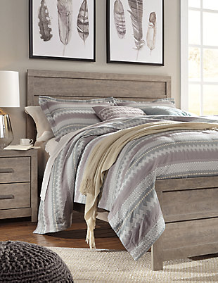 The Culverbach queen panel bed’s weathered driftwood finish evokes such an ethereal vibe—exactly what you need for a serene bedroom suite. Chunky moulding creates a plank-like effect while clean lines make for a timeless look you’ll love living with for years to come. Mattress and foundation/box spring available, sold separately.Includes headboard, footboard and rails | Made of engineered wood and decorative laminate in vintage warm gray with subtle pearl effect over replicated cherry grain | Foundation/box spring required | Mattress available, sold separately | Assembly required | Estimated Assembly Time: 5 Minutes