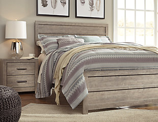 The Culverbach queen panel bed’s weathered driftwood finish evokes such an ethereal vibe—exactly what you need for a serene bedroom suite. Chunky moulding creates a plank-like effect while clean lines make for a timeless look you’ll love living with for years to come. Mattress and foundation/box spring available, sold separately.Includes headboard, footboard and rails | Made of engineered wood and decorative laminate in vintage warm gray with subtle pearl effect over replicated cherry grain | Foundation/box spring required | Mattress available, sold separately | Assembly required | Estimated Assembly Time: 5 Minutes