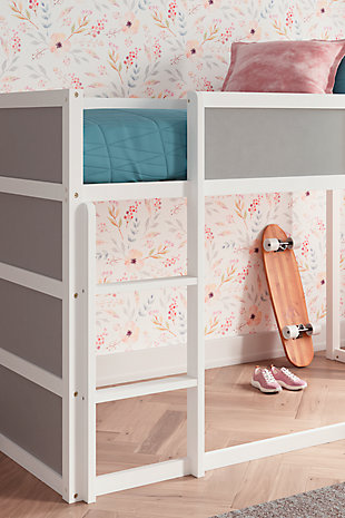 Looking for a contemporary take on kids bedroom furniture that makes the most of valuable bedroom space? Look no further than the Romanton loft bed. The 2-in-1 loft design gives them a cool place to sleep above, and there’s room for a kids studio space beneath. What a fun and functional solution for small space living.Made of wood and engineered wood | Two-tone gray and white finish | Built-in ladder and safety panels | Bed does not require a foundation/box spring  | Bed uses mattress only  | The Consumer Product Safety Commission states top bunks not be used for children under 6 years of age | Assembly required | Estimated Assembly Time: 95 Minutes