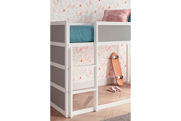 Looking for a contemporary take on kids bedroom furniture that makes the most of valuable bedroom space? Look no further than the Romanton loft bed. The 2-in-1 loft design gives them a cool place to sleep above, and there’s room for a kids studio space beneath. What a fun and functional solution for small space living.Made of wood and engineered wood | Two-tone gray and white finish | Built-in ladder and safety panels | Bed does not require a foundation/box spring  | Bed uses mattress only  | The Consumer Product Safety Commission states top bunks not be used for children under 6 years of age | Assembly required | Estimated Assembly Time: 95 Minutes